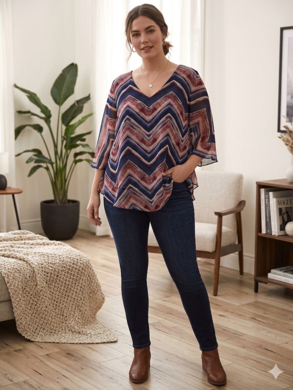 Sara Michelle Chiffon Chevron Poncho Blouse V-Neck Sharkbite Sz 1X Boho Fairy